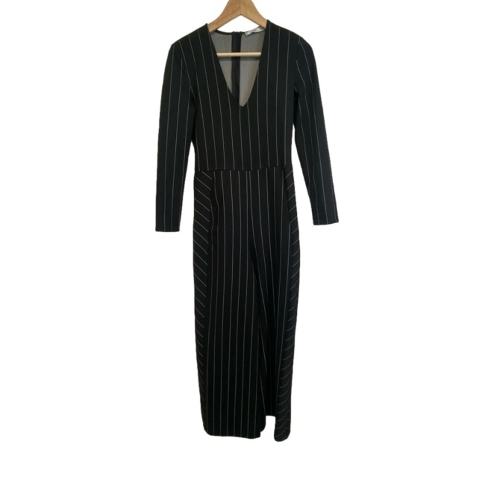 Mango Jumpsuit Wide Leg Pinstripe V-Neck Long Sleeve Stretch Suiting Fitted